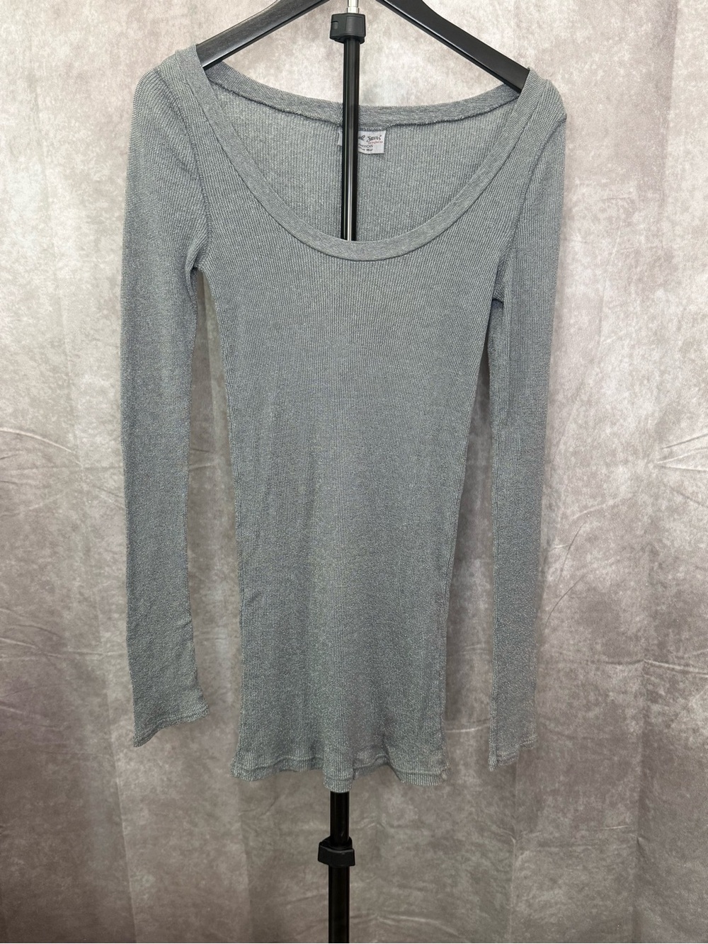 Metallic Silver Scoop Neck Ribbed Long-Sleeve Top